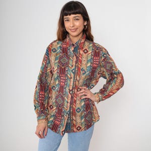 Southwestern Print Shirt 90s Tribal Button Front Long Sleeve Western Vintage Boho Desert Aesthetic Southwest Shirt Button Up Blouse Large L
