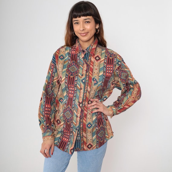 Southwestern Print Shirt 90s Tribal Button Front Long Sleeve Western Vintage Boho Desert Aesthetic Southwest Shirt Button Up Blouse Large L