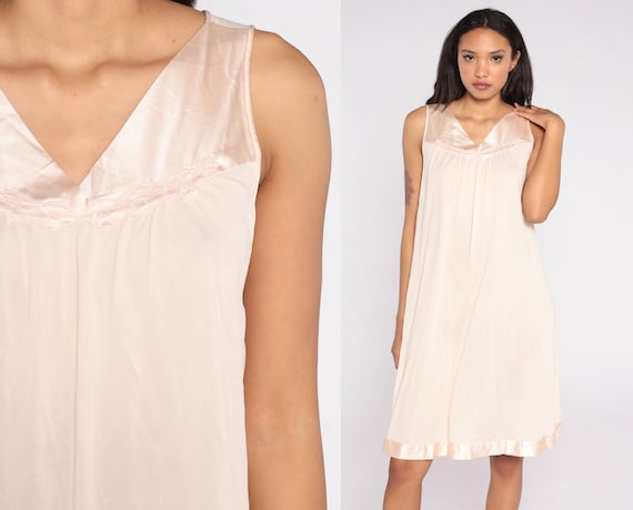 80s Nightgown Dress Blush Pink Lounge Dress Shift Nightie Floral Embroidered Boho Tent Dress Vintage Lingerie 1980s Slip Medium Large
