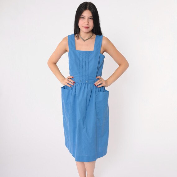 Vintage 80s Lanz Originals Pinafore Dress Blue Cotton Square Neckline High Waist Pockets Sleeveless 1980s Cottagecore Cutwork Size Small 4