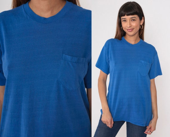 Blue Pocket Shirt 80s T Shirt Blue Subtle Stripes TShirt Vintage Tshirt Top Retro Tee Basic Shirt 1980s Medium