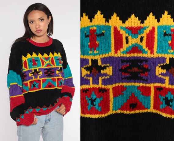 Geometric Chenille Sweater 90s Sweater Red Black Star Ringer Pullover Acrylic Sweater Slouch Statement Knit 1990s Vintage Extra Large xl