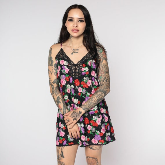 Floral Slip Dress Embossed Black Chemise Lace Lingerie Vintage 90s Lingerie Nightgown Mini Spaghetti Strap Sleep Sexy Minidress Medium