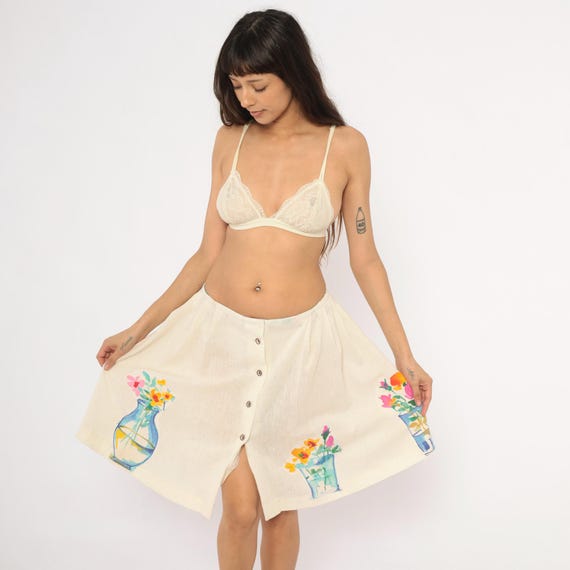 Floral Vase Appliqué Skirt Cream Linen Watercolor Flower Print Ivory Cotton Blend Cottagecore Prairie Whimsical Painted Art Summer Medium M