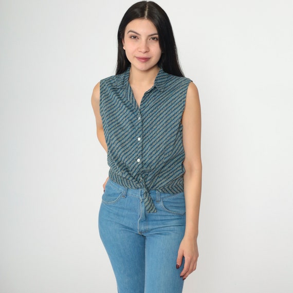 Paisley Print Tank Top Y2k Blue Tie Waist Button Up Top Retro Sleeveless Collared Shirt Bohemian Blouse Striped Vintage 00s Cotton Medium