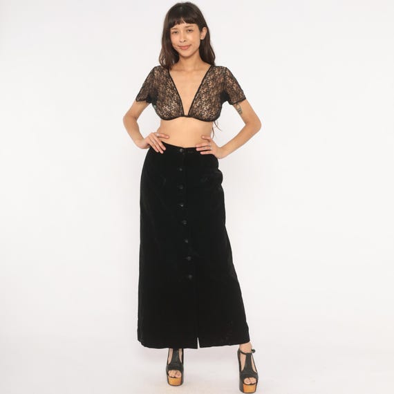 Black Velvet Maxi Skirt 90s Button Front A Line Ankle Length High Waist Goth Witchy Dark Prairie Vintage Cocktail Evening Small S