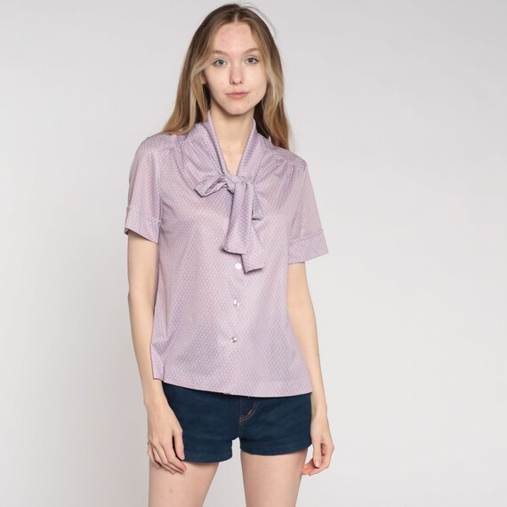 ASCOT Blouse 70s Shirt Purple Dot Shirt 80s Secretary Top Button Up Preppy Necktie Pussy Bow Vintage 1970s Short Sleeve Retro Medium Large