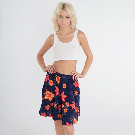 Tropical Floral Shorts Vintage 90s Baggy Shorts Purple Flower Print High Waisted Wide Leg Lounge Relaxed Retro Baggy Boho 1990s Small Medium