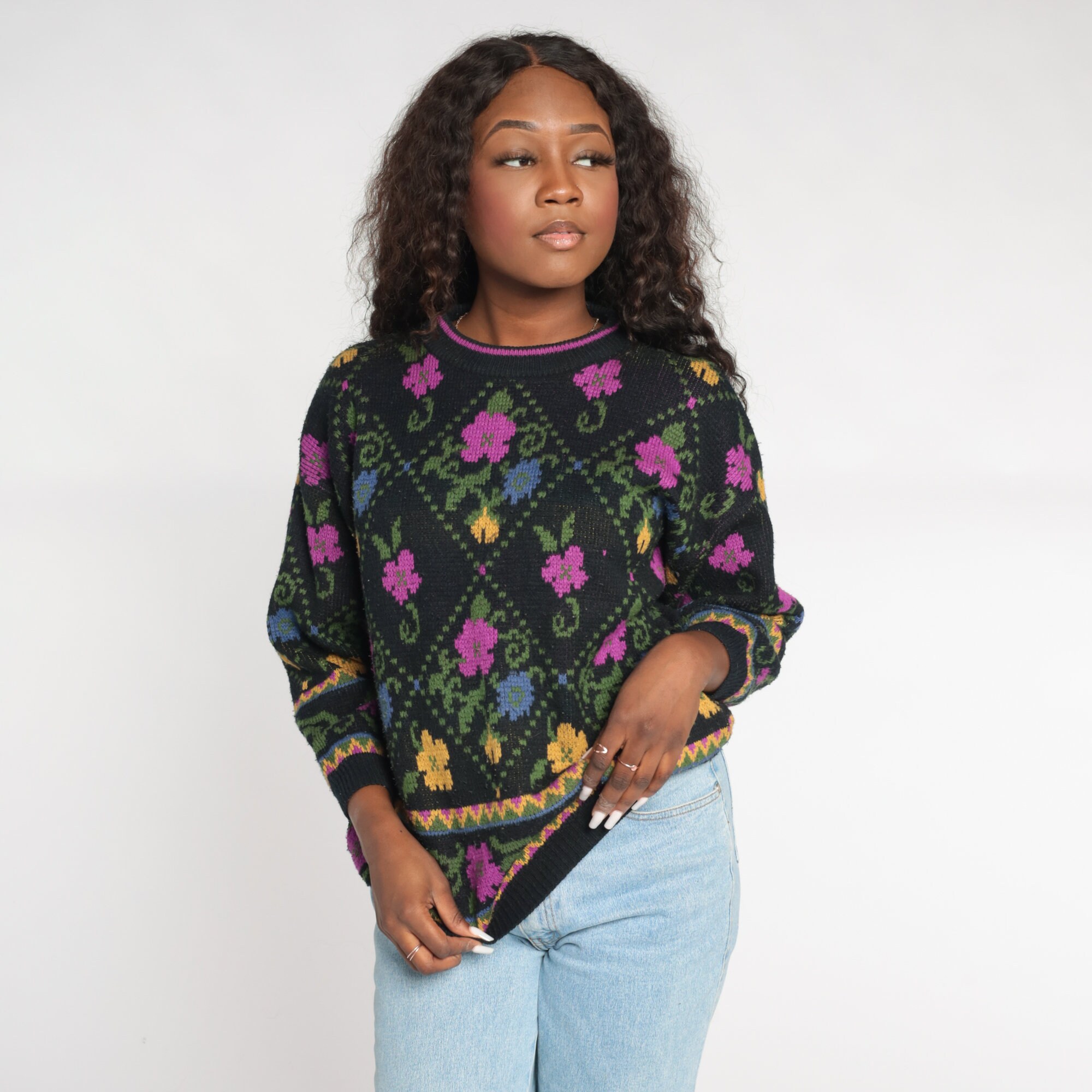 Black Floral Sweater 90s Knit Flower Sweater Retro Slouchy Pullover