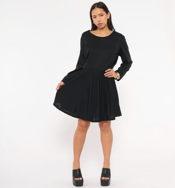 70s Black Pleated Dress Long Sleeve Drop Waist Back Zip Dark Academia Corporate Gothic Minimalist Whismigoth Witchy Vintage Large L