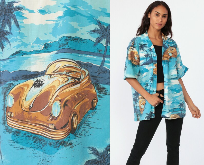 Tropical Car Shirt Surfer HAWAIIAN Blouse 80s Blue Top CLASSIC CAR Print Button Up Short Sleeve Surf Hipster Vintage Beach Extra Large xl l