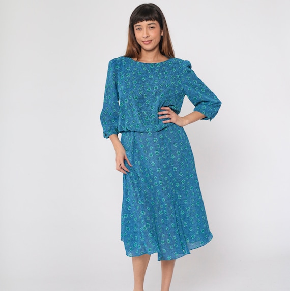 Blue Floral Dress 90s Blouson Midi Dress Puff Sleeve Flower Print Retro Secretary Summer High Waisted Vintage 1990s Allison Peters Medium M