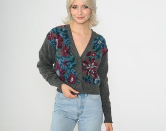 Vintage Wool Floral Cardigan 90s Grey Cropped Button Up Sweater Lambswool Angora Knit Grandma Sweater Retro V Neck 1990s Petite Small