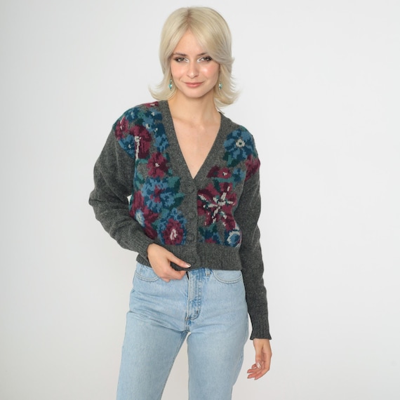Vintage Wool Floral Cardigan 90s Grey Cropped Button Up Sweater Lambswool Angora Knit Grandma Sweater Retro V Neck 1990s Petite Small
