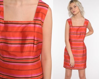 Striped Silk Dress Y2K Mini Dress Orange Sheath Dress 00s Vintage 2000s Simple Plain Shift Small 4