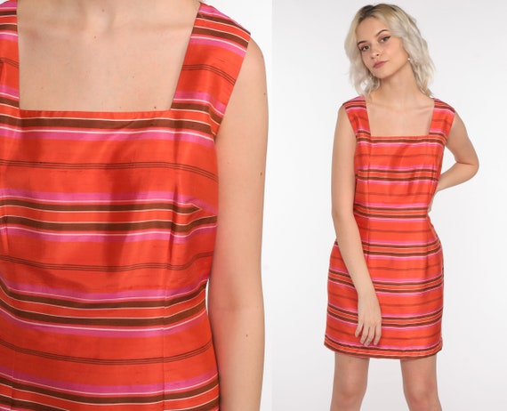 Striped Silk Dress Y2K Mini Dress Orange Sheath Dress 00s Vintage 2000s Simple Plain Shift Small 4