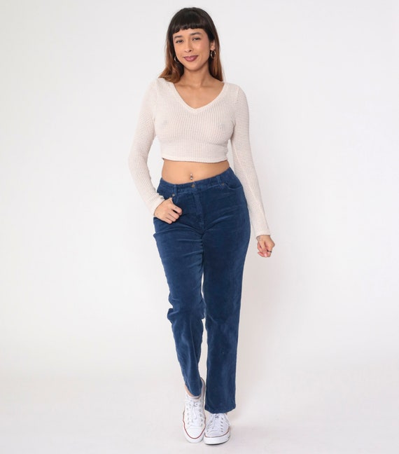 Blue Corduroy Pants 90s Trousers High Waisted Rise Mom Pants Straight Tapered Leg Dark Blue Slacks Plain Simple Vintage 1990s Medium 10