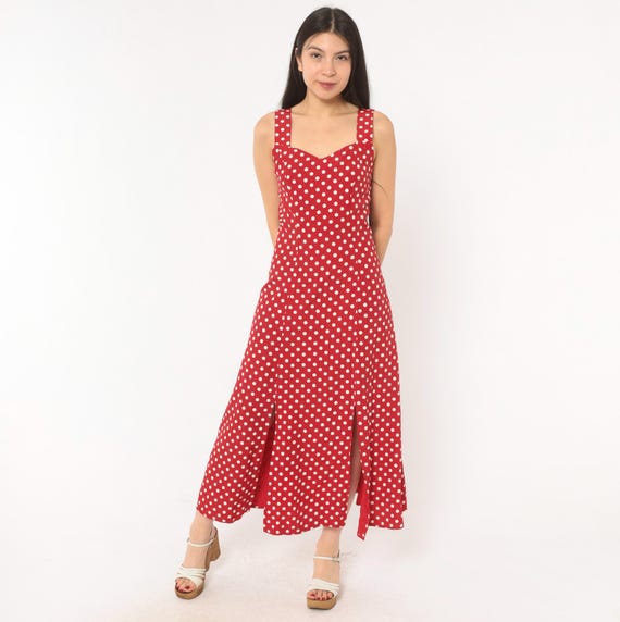 Polka Dot Sundress 90s Red White Sweetheart Neckline Midi Slit Fitted Waist Summer Tomato Girl Pin Up Rockabilly Vintage Extra Small XS