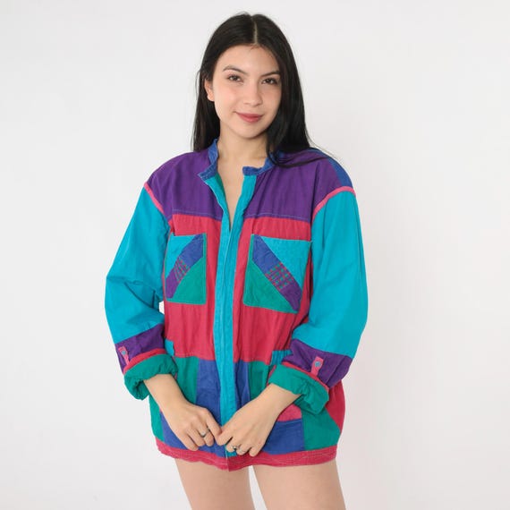 Vintage Reversible Color Block Jacket 90s Bright Retro Pink Turquoise Blue Teal Summer Convertible Twofer Jacket 1990s Medium M