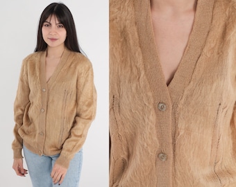 Light Brown Mohair Cardigan 70s Fuzzy Button Up Cable Knit Sweater V Neck Tan Retro Plain Seventies Knitwear Bohemian Vintage 1970s Medium M