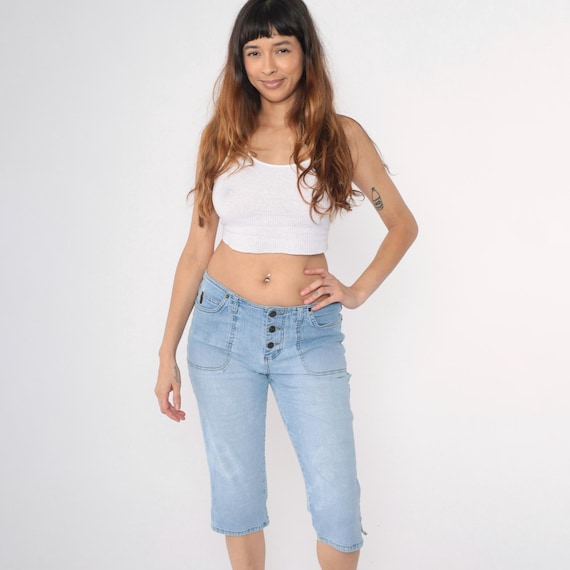 Vintage Mudd Denim Capri Pants Y2K Exposed Button Fly Light Wash Stretch Jean Cropped Pants 00s Mid Rise Large 13