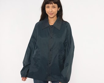 80s Navy Coach Jacket Snap Front Windbreaker Dark Blue Nylon Shell Pointed Collar Elastic Cuff Athletic Vintage Unisex Large L
