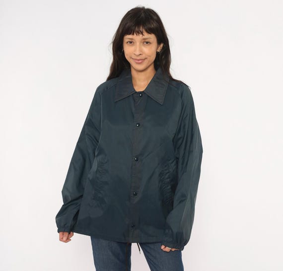 80s Navy Coach Jacket Snap Front Windbreaker Dark Blue Nylon Shell Pointed Collar Elastic Cuff Athletic Vintage Unisex Large L