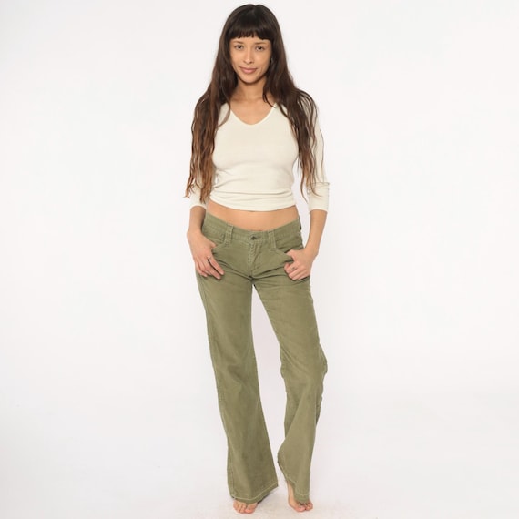 Levi's Y2K Corduroy Pants Low Slouch Olive Green Low Rise Bootcut Flare Leg Cords Army Sage Casual Trousers Vintage Early Womens Streetwear
