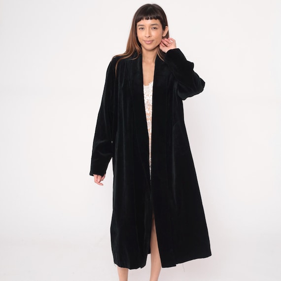 Black Velvet Robe 90s Duster Maxi Long Sleeve Shawl Collar Goth Dark Academia Kimono Style Vintage Loungewear Housecoat Cover Up Small S