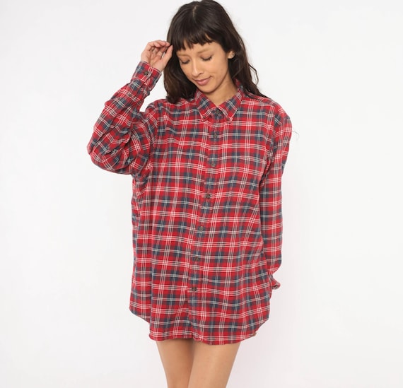Red Plaid Flannel Shirt 2000s Eddie Bauer Button Front Cotton Long Sleeve Navy Blue White Check Collar Pocket Grunge Style Casual Large L