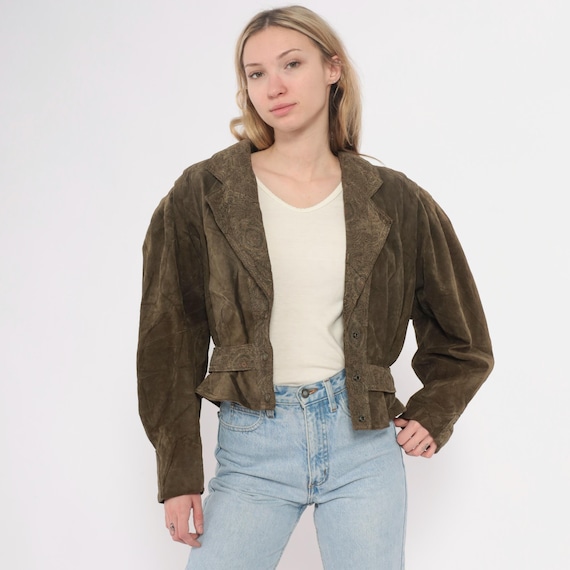 90s Leather Cropped Jacket Brown Paisley Embossed Belted Puffy Sleeves Button Front Vintage Olive  Blazer Biker Style Moto Small S