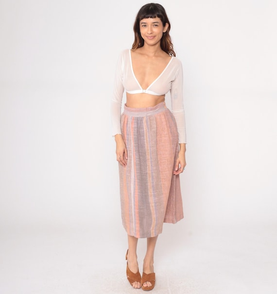 80s Striped Skirt High Waisted Knee Length Peach Gray Cream Pleated Vintage Gathered Waist Neutral Muted Pastel Cottagecore Prairie Small S