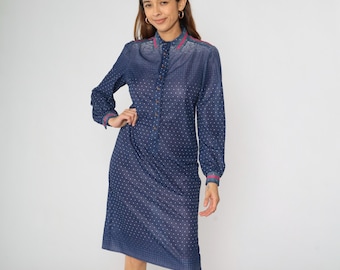 70s Shirtdress Dark Blue Polka Dot Dress Midi Secretary Button Up Shift Collar Long Puff Sleeve Retro Collared Vintage 1970s Medium