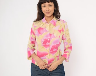 90s Watercolor Floral Blouse Pink Cream Sheer Chiffon Pointed Collar Three Quarter Sleeve Top Feminine Rose Shirt Coquette Spring Small S