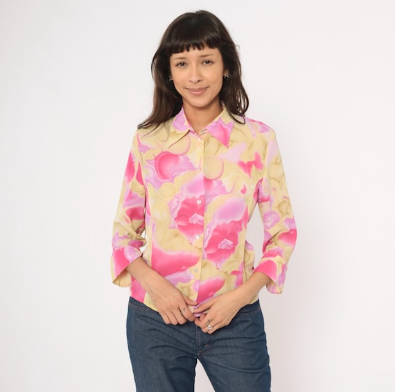 90s Watercolor Floral Blouse Pink Cream Sheer Chiffon Pointed Collar Three Quarter Sleeve Top Feminine Rose Shirt Coquette Spring Small S