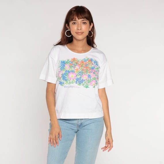 Vintage Texas Wildflowers T-Shirt 80s White Floral Tee Boxy Fit Cotton Tourist Top 1980s Garden Graphic Shirt USA Nature Swan Brand Medium M
