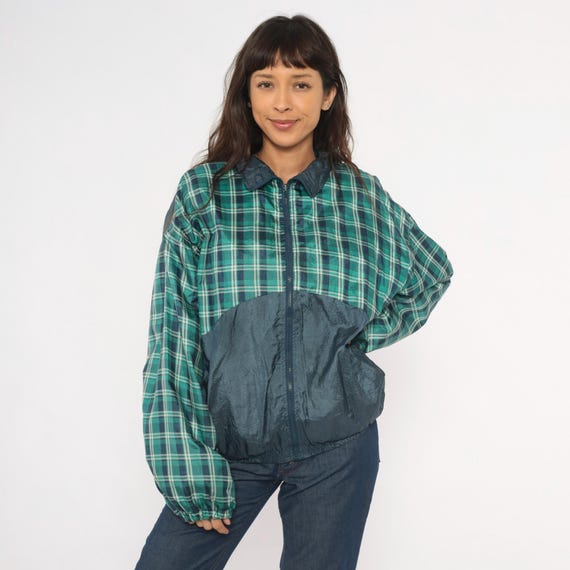 Green Plaid Windbreaker 90s Jacket Navy Colorblock Bomber Coat Teal Checkered Relaxed Fit Layering Grunge Spring Honors Extra Large XL