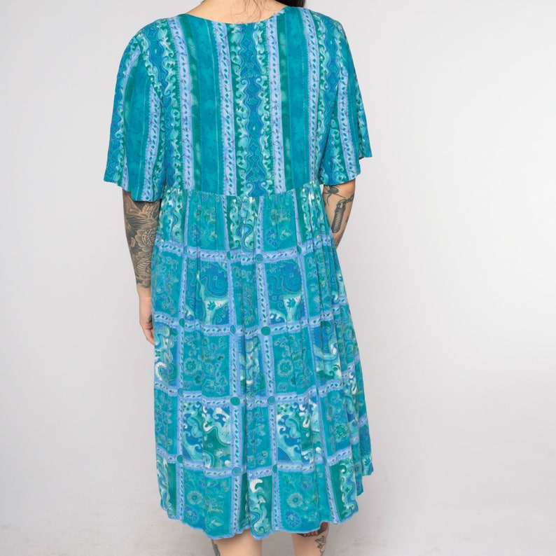 Floral Grunge Dress 90s Blue Striped Dress Button Up Boho Midi 80s 1990s High Waist Bohemian Short Sleeve Rayon Flower Pattern Medium image 7