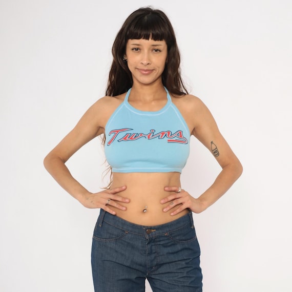 Twins Halter Crop Top 80s Baseball Baby Tee Light Blue Sky Powder Tie Back Open Cotton Sporty Cropped Tank Jersey Summer Vintage Medium M