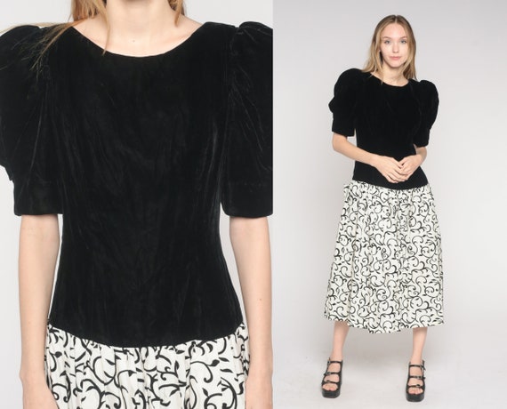Velvet Party Dress 80s Black White Midi Dress Vine Print Puff Sleeve Bow Gothic Glam Retro Formal Cocktail Scoop Back Vintage 1980s Small S