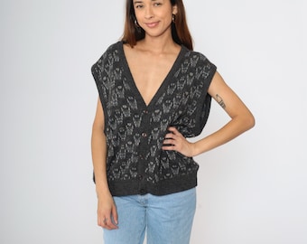 Chaleco de punto geométrico, top de tirantes de punto gris de los años 90, suéter sin mangas con botones, estilo retro vintage de los años 90, cuello en V, mezcla de lana acrílica, para hombre, talla grande
