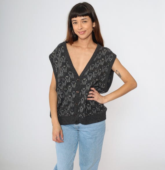 Geometric Knit Vest Top 90s Grey Knit Tank Top Button Up Sleeveless Sweater 1990s Retro Vintage V Neck Acrylic Wool Blend Men's Large
