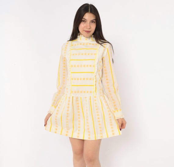 60s Daisy Stripe Mini Dress Yellow Cream Lace High Neck Ruffle Collar Long Sleeve Cotton Prairie Cottagecore Floral Vintage Extra Small XS