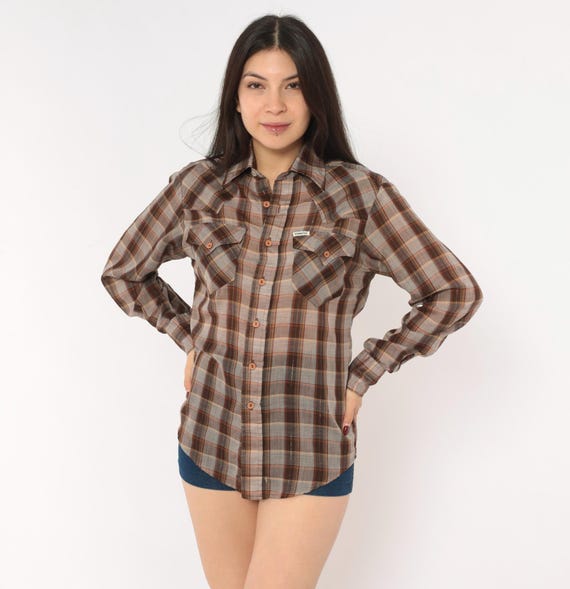 70s Kennington Plaid Shirt Brown Tan Western Yoke Button Front Long Sleeve Flannel Style Checked Top Pointed Collar Grunge Medium M