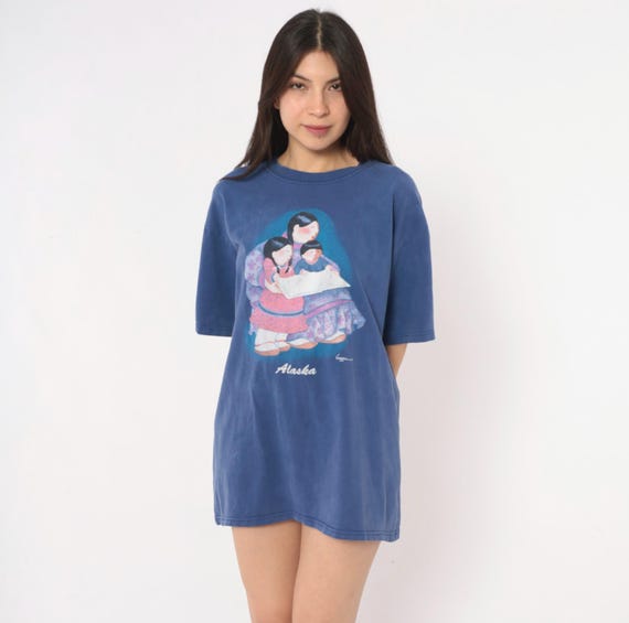 90s Alaska Graphic Tee Cobalt Blue Cotton T Shirt Faded Souvenir Art Print Boxy Travel Top Purple Pink Novelty Grunge Unisex Extra Large XL
