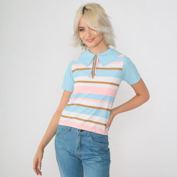 Vintage 60s Striped Blouse Pastel Blue Pink Brown Pilgrim Collar Button Back Short Sleeve Top 1960s Extra Small xs