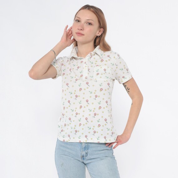 70s Nautical Polo Anchor Lifesaver Star Life Ring Print Collared Whimsical Novelty Vintage Summer Top Preppy Coquette Beach Yacht Small S