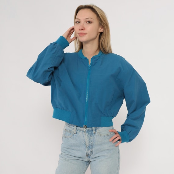 Blue Bomber Jacket 90s Cropped Cotton Long Sleeve Zip Front Ribbed Collar Cuffs Clean Normcore Streetwear Casual Outerwear Vintage Small S