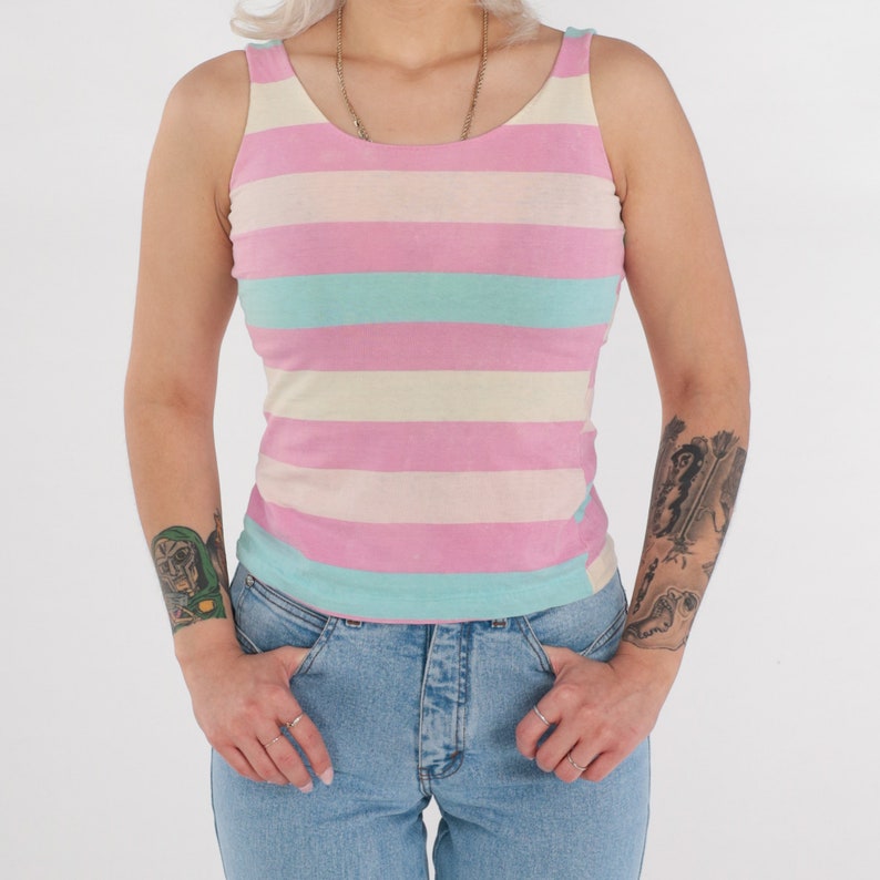 Striped Tank Top 80s Sleeveless T-Shirt Pink Blue Stripes Print Retro Casual Blouse Summer Shirt Cotton Vintage 1980s Extra Small xs image 5