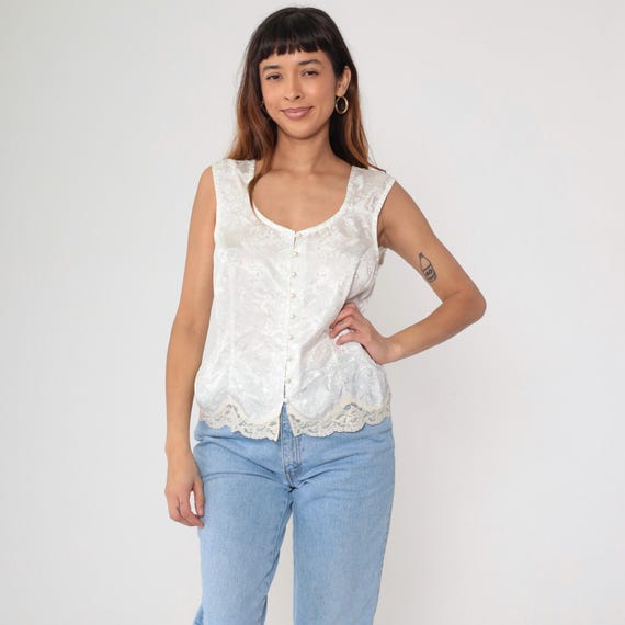 Victorian Lace Tank Top 90s White Sleeveless Button Front Vintage Victoria's Secret Romantic Camisole Coquette Feminine Cottagecore Medium M
